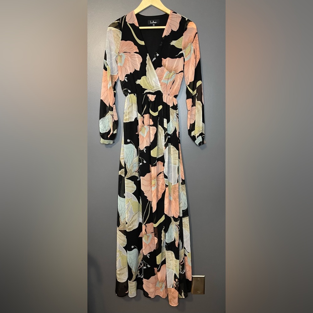 Lulu's Black Maxi Dress with Peach & Mint Floral Print
